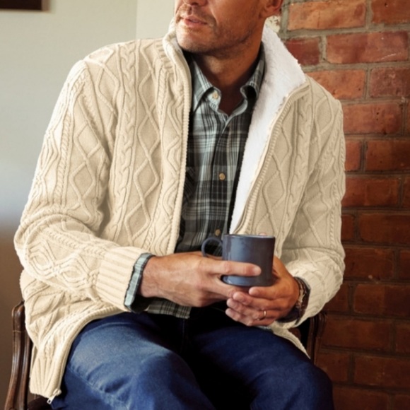 Scandia Woods Aran Cable Knit Sherpa Lined Full Zip Sweater Jacket | LARGE - Picture 1 of 11